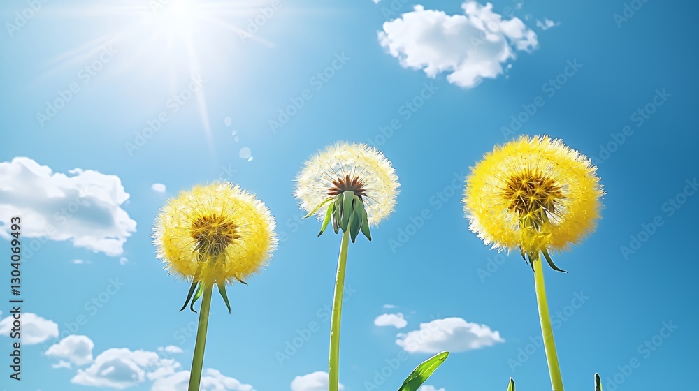 Fototapeta premium Three Dandelions Against a Sunny Blue Sky