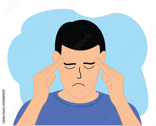 portrait of young man suffering from severe headache pressing fingers to temples with closed eyes. A young man holds his head due to illness or stress