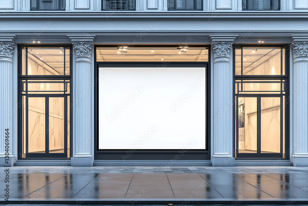 Fototapeta premium Large blank storefront window mockup on a high-end building with classic architectural details. Ideal for retail branding, luxury boutiques, and advertising displays. High-resolution and editable