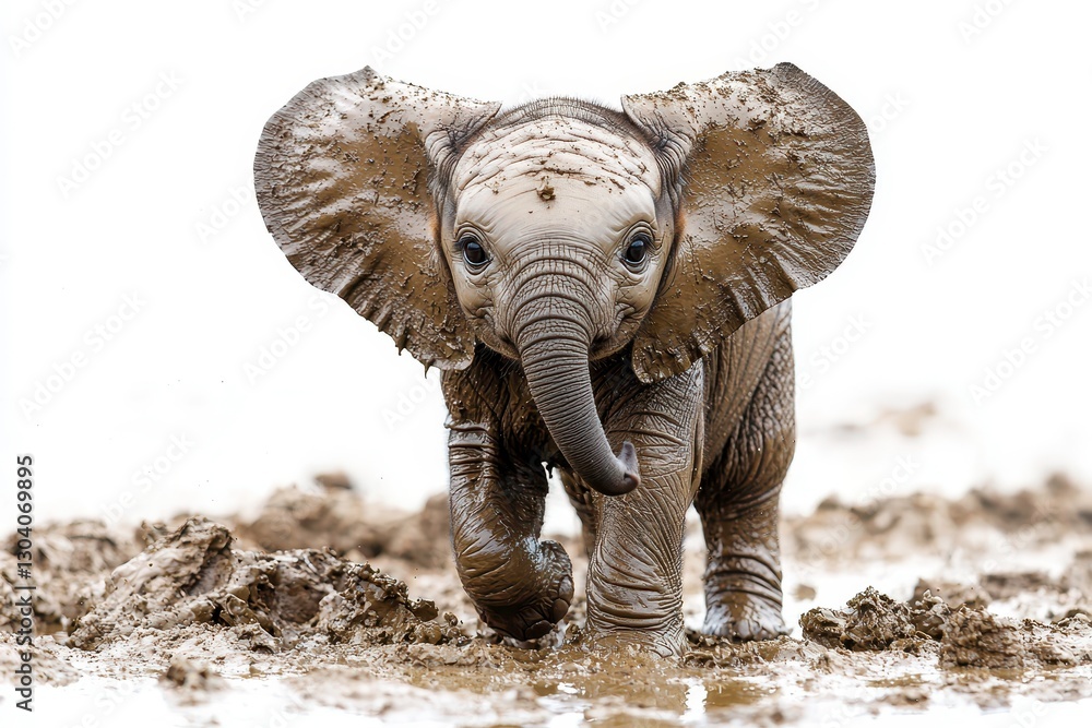 Fototapeta premium Joyful Calf Playing in Mud Puddle against White Background