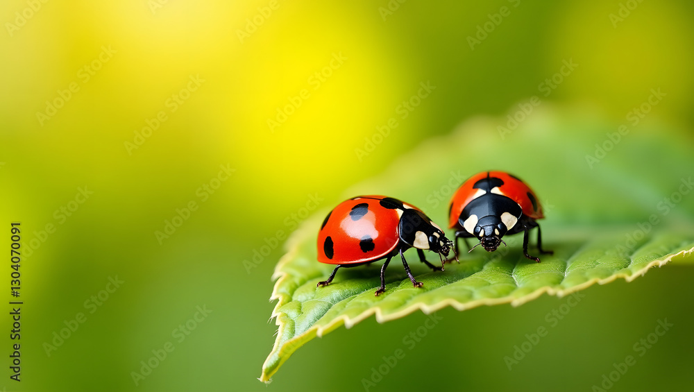 Fototapeta premium Two ladybugs on a green leaf.