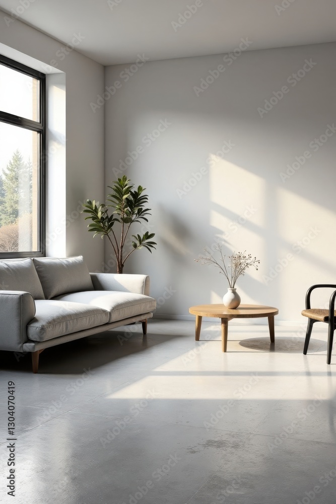Fototapeta premium Modern Minimalist Living Room Interior Design with Sunlight Streaming Through a Large Window Featuring a Light Gray Sofa and Wooden Coffee Table
