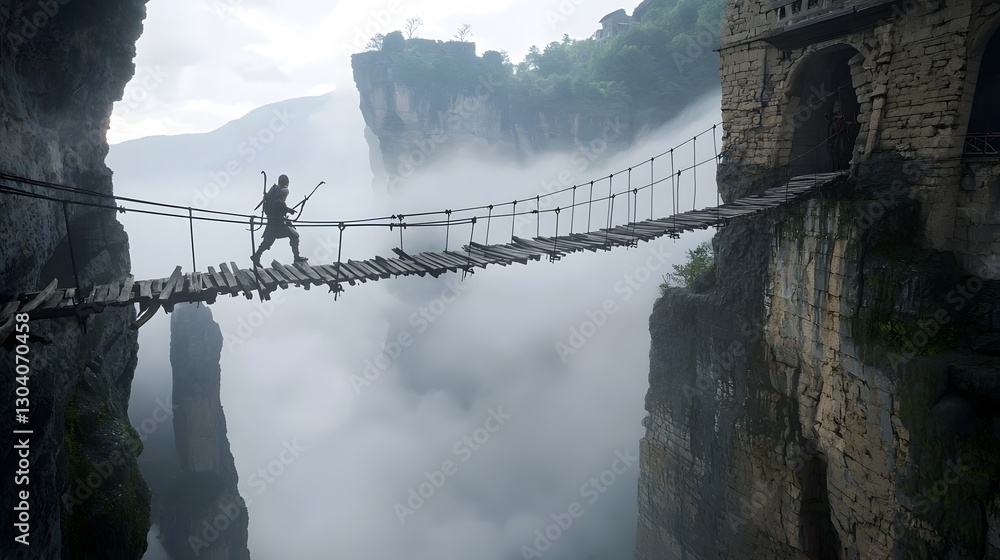 Fototapeta premium Intrepid fantasy adventurer carefully traversing a rickety suspension bridge over a misty fog filled canyon in a dramatic rugged mountain landscape