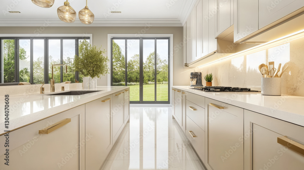 Fototapeta premium Modern kitchen with neutral tones, large windows, and elegant fixtures, featuring spacious layout, sleek cabinetry, and bright atmosphere