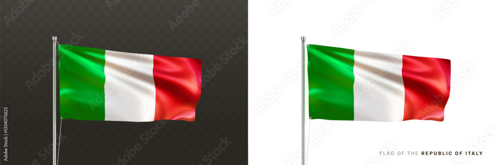 Realistic national flag of the Republic of Italy on a metal flagpole isolated on black and white background. Waving in the wind flag. Italian patriotic symbol. 3d vector illustration Realistic national flag of the Republic of Italy on a metal flagpole isolated on black and white background. Waving in the wind flag. Italian patriotic symbol. 3d vector illustration