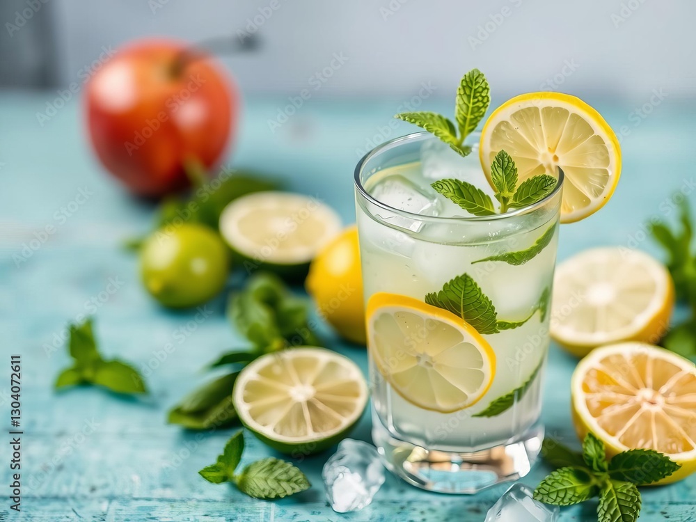 Fototapeta premium Refreshing mojito cocktail with rum, lime, mint, and lemon slices, summer, drink