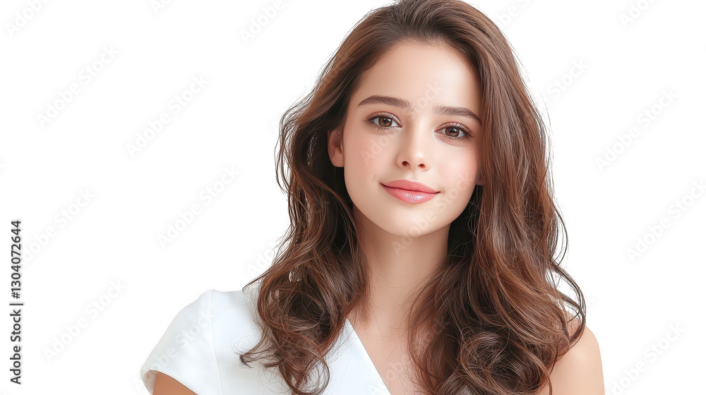 Portrait of a stunning woman with long, flowing brown hair and stylish white top, showcasing natural beauty effortless style. Portrait of a stunning woman with long, flowing brown hair and stylish white top, showcasing natural beauty effortless style.