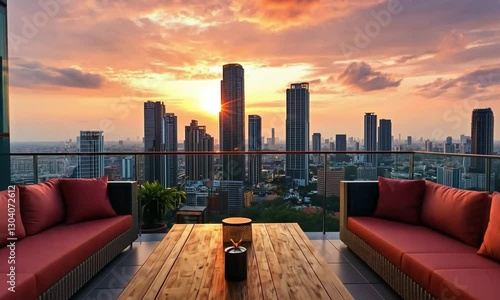 Stunning Cityscape Sunset View from Rooftop Terrace