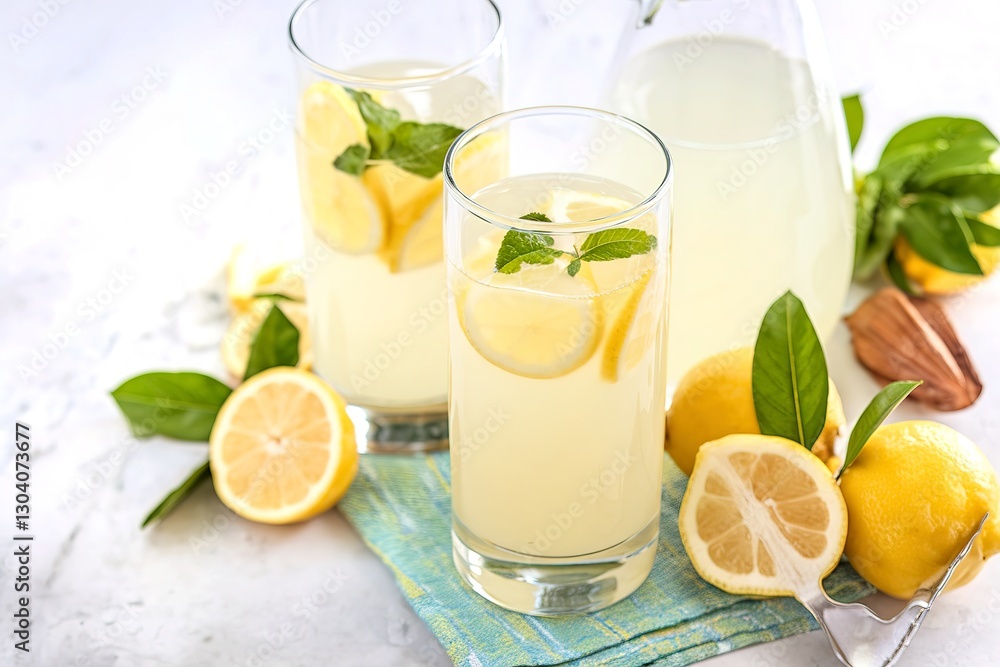 Homemade lemonade in tall glasses with fresh lemons Homemade lemonade in tall glasses with fresh lemons