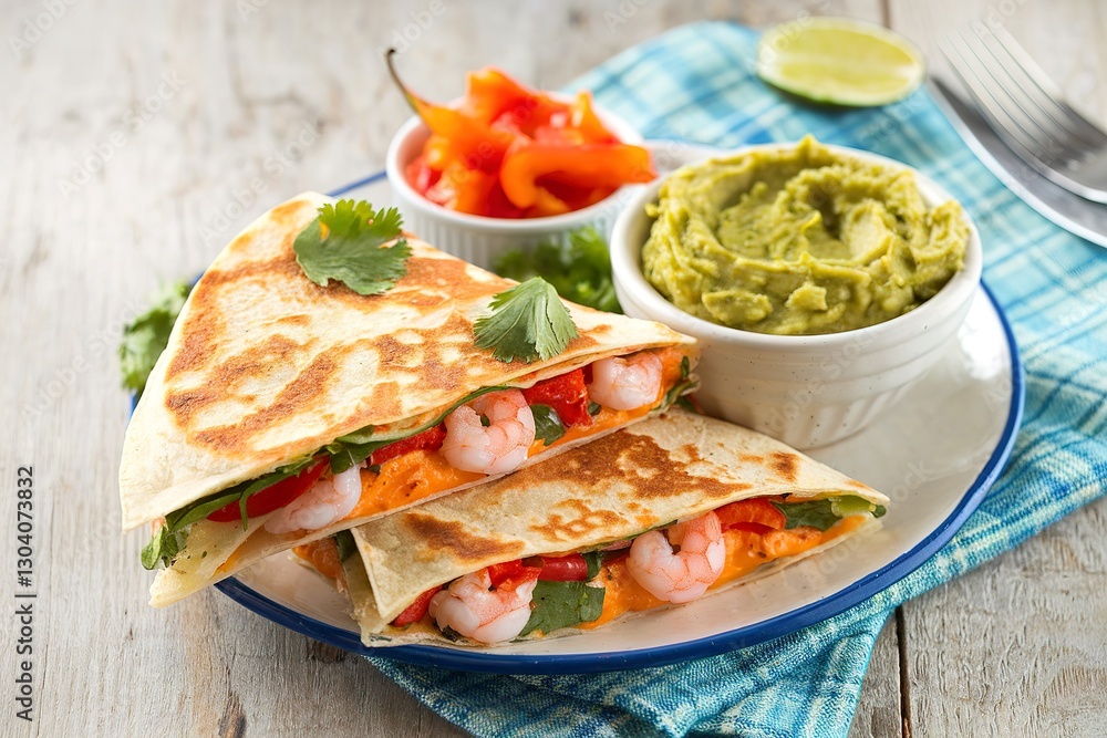 Shrimp and cheese quesadillas with red pepper and cilantro served with guacamole Shrimp and cheese quesadillas with red pepper and cilantro served with guacamole