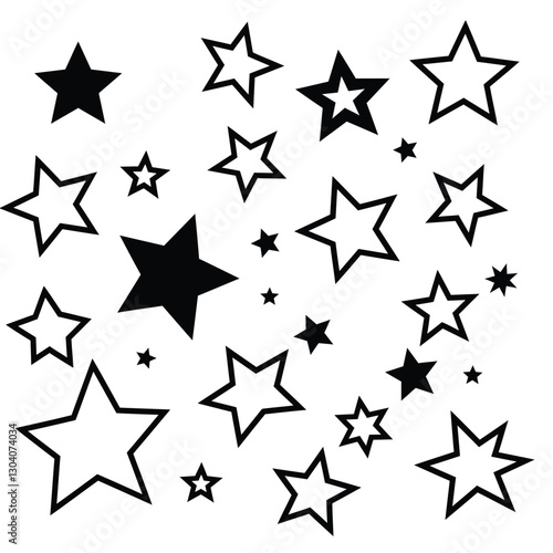 Black and white clip art stars. Various sizes and styles of black and white stars scattered randomly. Vector illustration design.