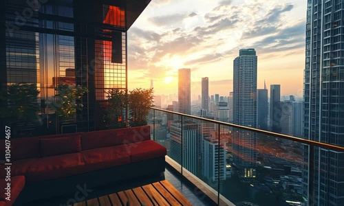 Serene Cityscape at Sunset from a Luxurious Penthouse Balcony
