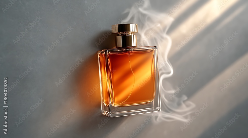 Perfume bottle with smoke, sunlight, elegant background. Possible use advertising, luxury goods catalog Perfume bottle with smoke, sunlight, elegant background. Possible use advertising, luxury goods catalog