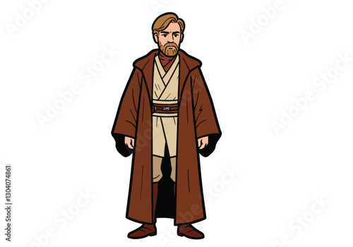 Obi Wan clipart. This image shows a character in a brown robe with a beige tunic and boots. Vector illustration design.