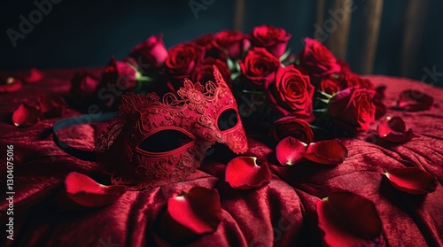 lace eye mask, a deep red rose, and a glass of wine placed on a luxurious red bed, evoking passion, romance, and sophistication