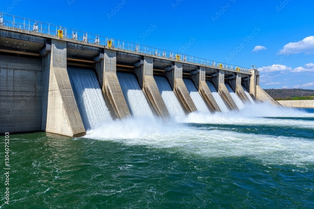 A dam releasing controlled amounts of water to prevent flooding while maintaining energy production A dam releasing controlled amounts of water to prevent flooding while maintaining energy production