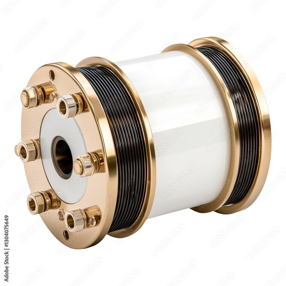 A cylindrical electrical component with metallic ends and an insulating core, often used in circuits for energy storage or filtering. A cylindrical electrical component with metallic ends and an insulating core, often used in circuits for energy storage or filtering.