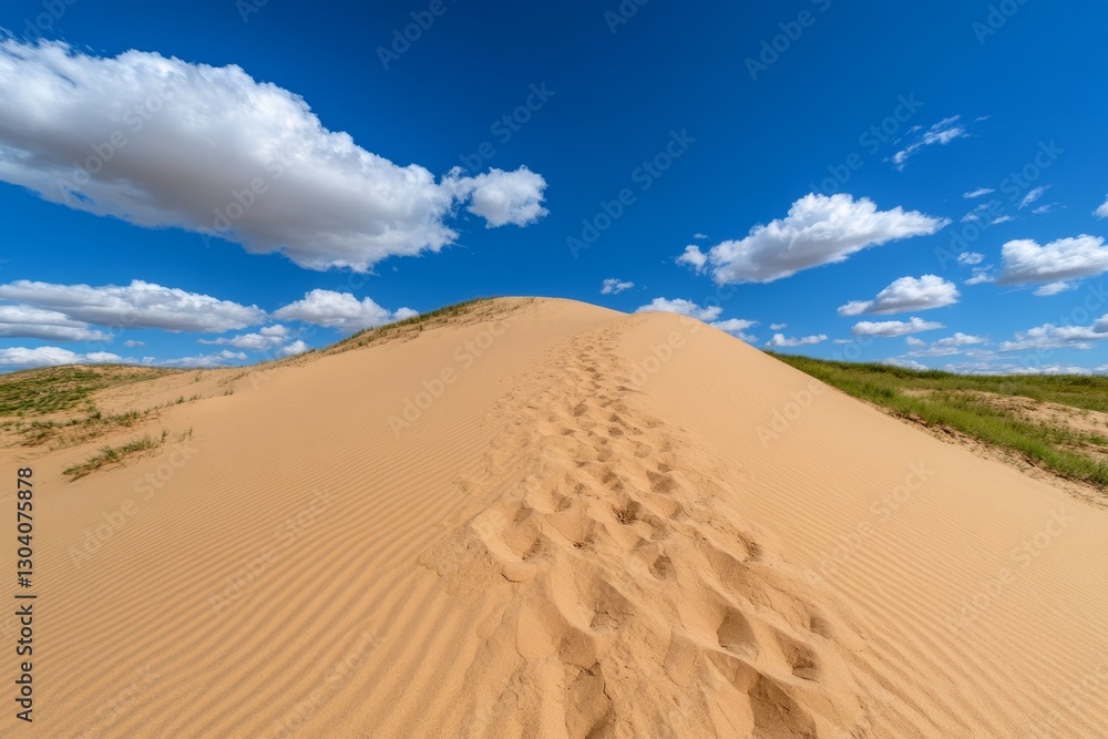 A desert highway stretching into the horizon, surrounded by endless sand dunes A desert highway stretching into the horizon, surrounded by endless sand dunes