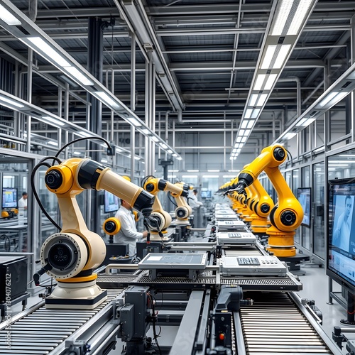 Modern Industry 4.0 Factory Featuring Industrial Automation Robots for Enhanced Manufacturing Processes and Precision Engineering




