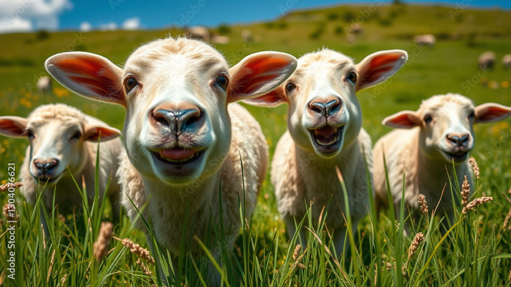 Fototapeta premium Sheep in the meadow gazing directly at the camera lens, creating a captivating scene of sheep in the meadow,sheep is looking at you from its meadow on farm background