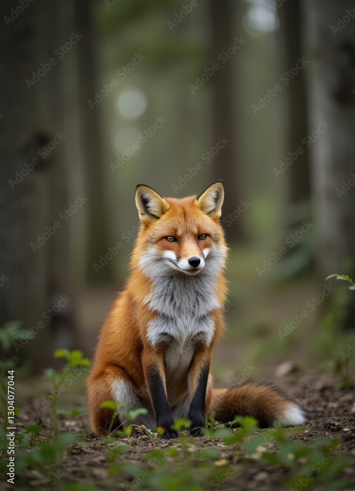 Naklejka premium Majestic Red Fox Sitting in Forest Wildlife Nature Scene