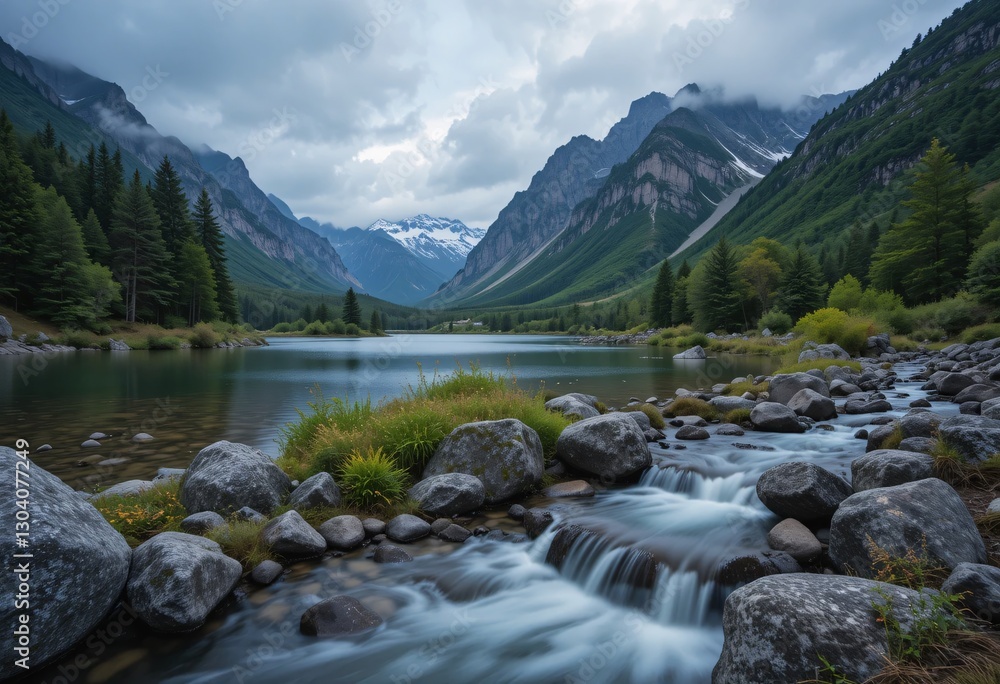 Naklejka premium Mountain Serenity. Calm Lake Reflects Peaks With Snow. Smooth Stones, Wildflowers Lead To Gentle Stream. Tranquil, Untouched Nature With Cool Blue And Green Tones. A Peaceful Landscape.