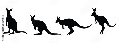 Kangaroo on white background. Collection of kangaroo silhouettes in various forms. Side view and full body for design. Vector illustration.