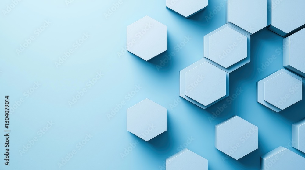 A minimalist layout featuring hexagonal shapes in white against a soft blue background, creating a modern and clean aesthetic.