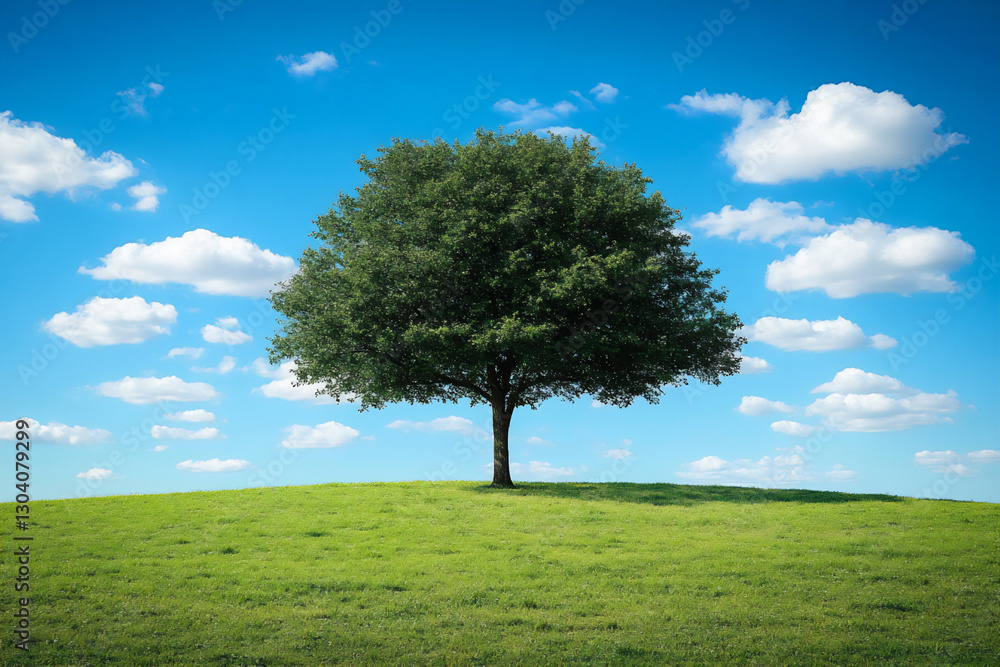 Obraz premium a blue sky with white clouds, a green grassy field, and a single tree.