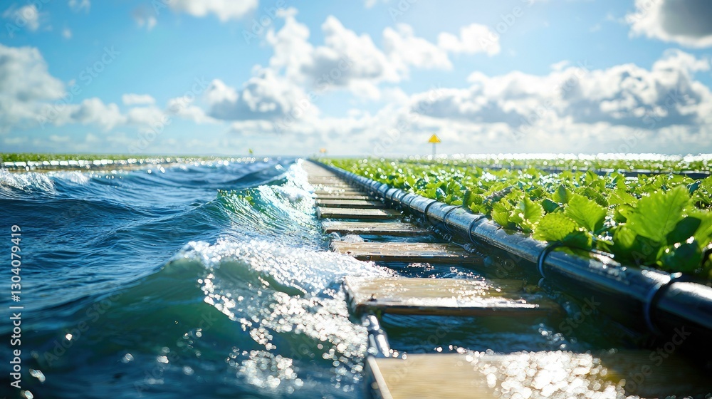 A stunning view of a floating farm on the water, merging ocean waves with lush greenery under a bright sky, showcasing the innovative blend of agriculture and aquaculture for sustainable living.