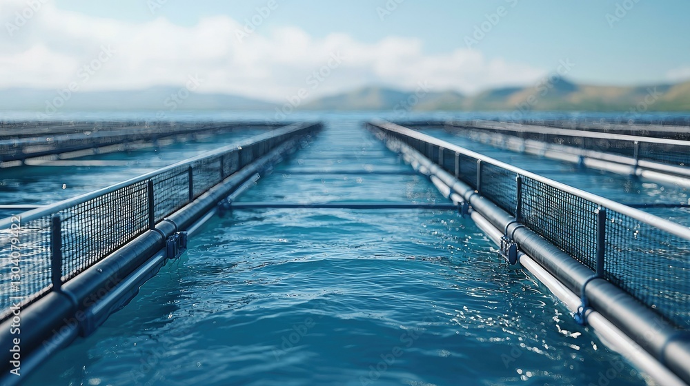 A stunning view of a floating farm in the ocean, featuring well-designed aquaculture systems, tranquil waters, and scenic mountains in the background, symbolizing innovation in sustainable farming.