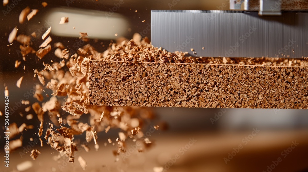 Raw Cork Sheet Slicer. Thick cork bark being sliced into sheets for sustainable flooring. Picture a factory blade cutting through the bark as cork dust floats like autumn leaves. Raw Cork Sheet Slicer. Thick cork bark being sliced into sheets for sustainable flooring. Picture a factory blade cutting through the bark as cork dust floats like autumn leaves.