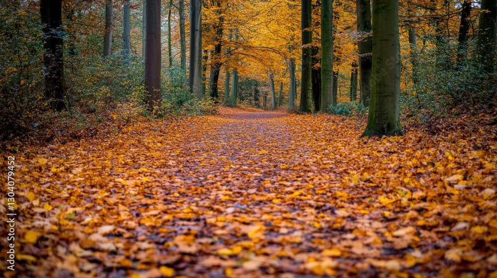 Serene Autumn Pathway Surrounded by Vibrant Yellow and Orange Leaves in a Forest Serene Autumn Pathway Surrounded by Vibrant Yellow and Orange Leaves in a Forest