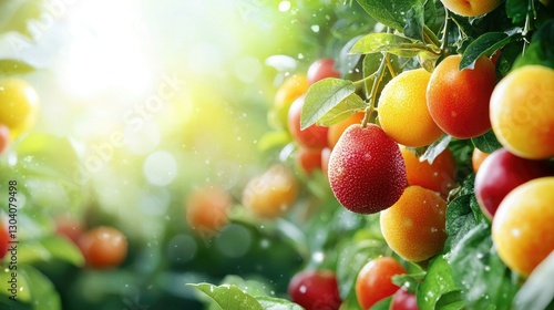Vibrant orchard scene capturing the beauty of ripe red, yellow, and orange fruits hanging among lush green foliage, illuminated by warm sunlight, perfect for a fresh and healthy produce theme.