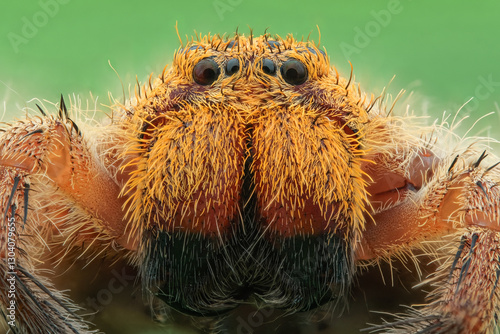 Extreme close up orange and hairy huntsman spider (heteropoda javana)