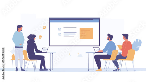 A minimalist vector illustration depicting a group of four people seated at tables, facing a large screen displaying a simple presentation or web page. Two additional individuals stand