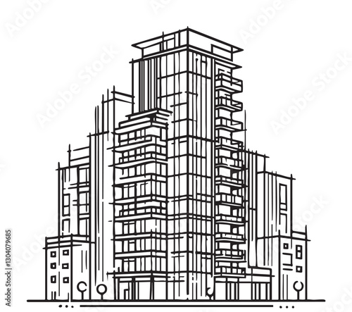 High rise building sketch. Line art