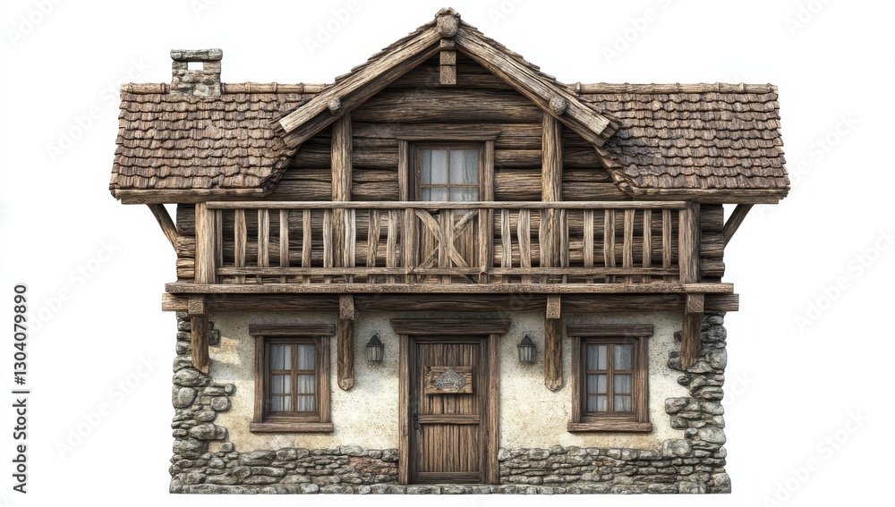 Rustic wooden chalet, front facade, isolated on white, ideal for game assets Rustic wooden chalet, front facade, isolated on white, ideal for game assets