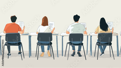 The image shows a row of five individuals seated at individual desks, viewed from behind. Each person is sitting in a dark-grey chair and appears to be studying or working on papers placed