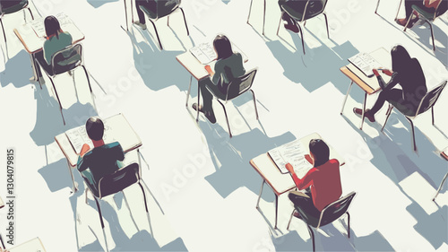 High-angle, full shot of numerous students seated at individual desks, taking an exam. Students are positioned in neat rows, each facing away from the camera. The setting appears to be an