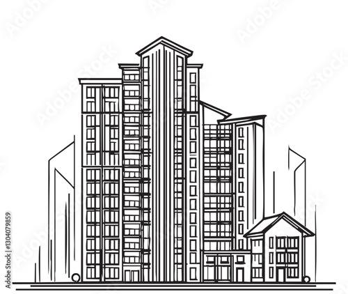 High rise building sketch. Line art