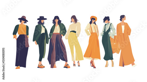A digital illustration depicting seven female figures in various outfits and poses.  Each figure is depicted in a flat, stylized manner against a white background. The illustration features