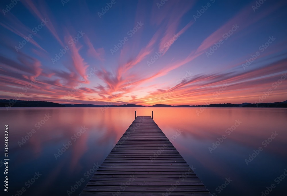 Naklejka premium Serene Lake Sunset, Wooden Dock. Dramatic Sky Reflection. Pink Orange Purple Clouds. Wide Angle Peaceful Evening. Nature's Tranquility And Beauty. Stunning Landscape Scenery. Dreamy.