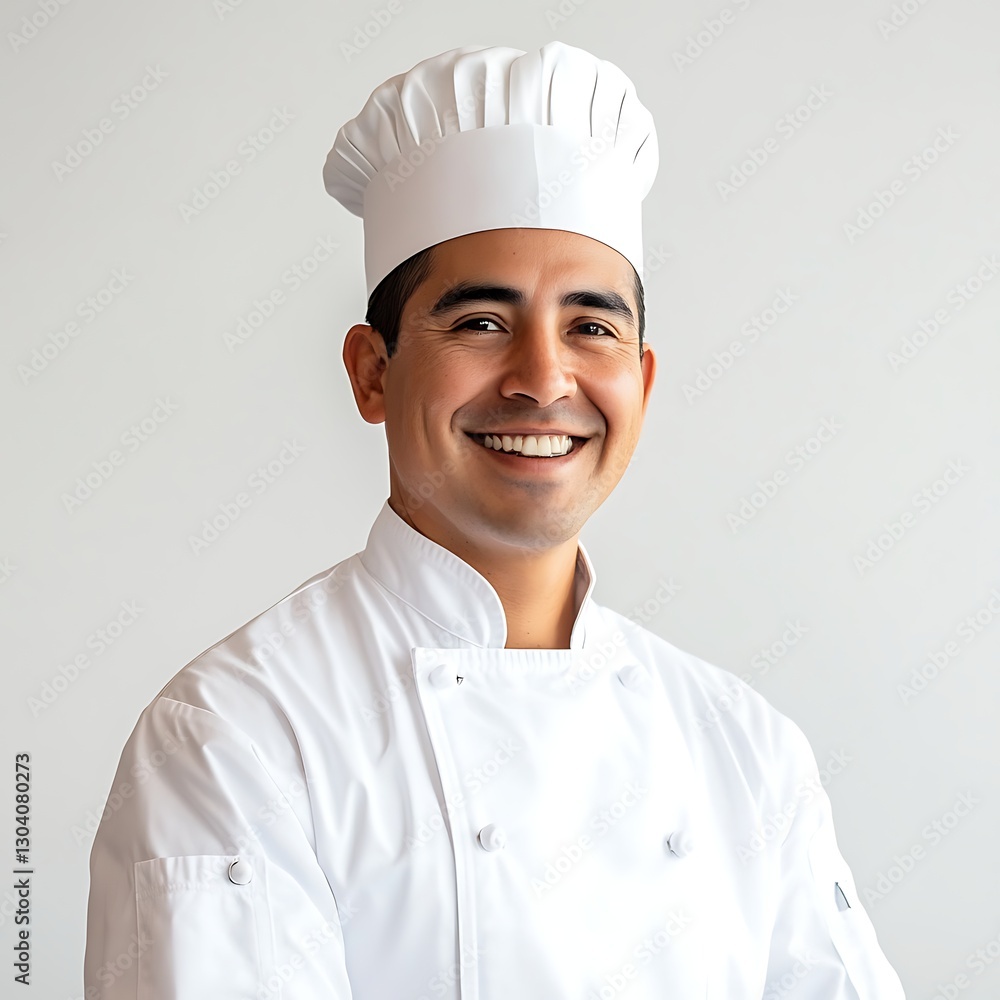 Cheerful Chef: A smiling chef, embodying culinary expertise, in a spotless white uniform and toque, radiating warmth and professionalism. Capturing culinary passion. Cheerful Chef: A smiling chef, embodying culinary expertise, in a spotless white uniform and toque, radiating warmth and professionalism. Capturing culinary passion.