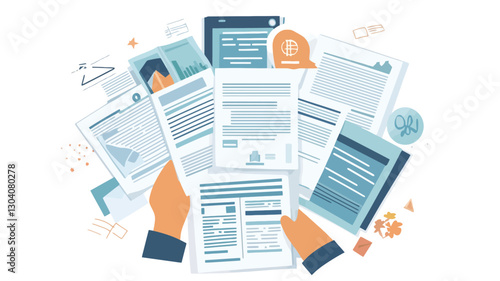 High-angle, close-up view of two hands holding and sorting through a stack of various documents. The documents are stylized illustrations and appear to be of different types, including what