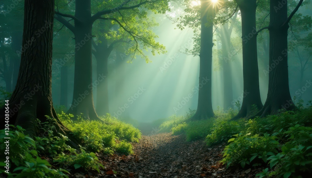 Obraz premium Ancient woods shrouded in morning mist, vibrant green shoots emerging, nature, wild