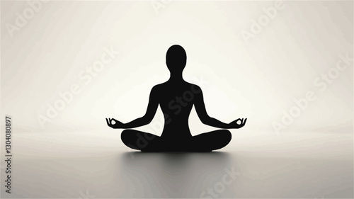 The image is a minimalist depiction of a person in a seated lotus position.  The figure is rendered as a solid black silhouette against a light gray, almost white background.  The