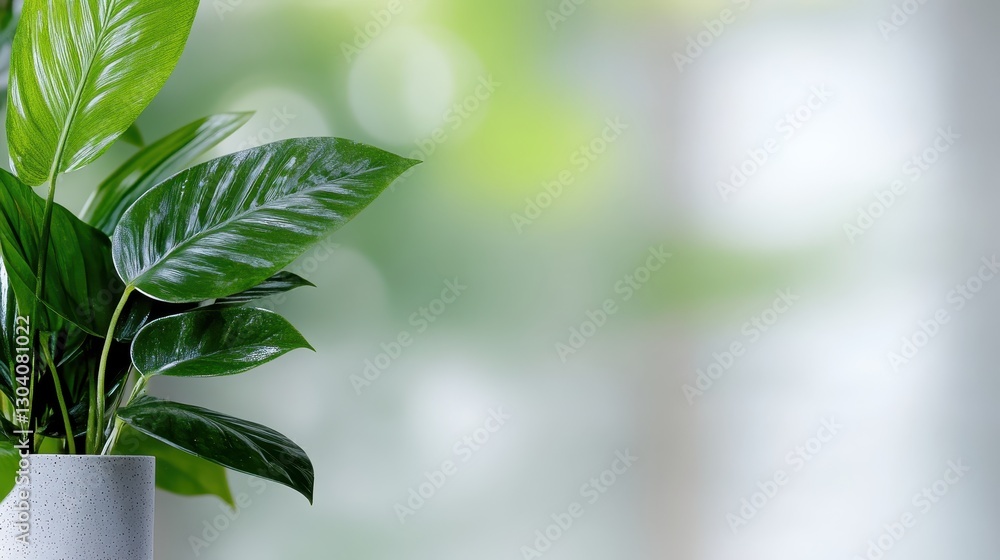Obraz premium A lush green plant in a simple pot, set against a soft, blurred background, creating a calming and fresh atmosphere.