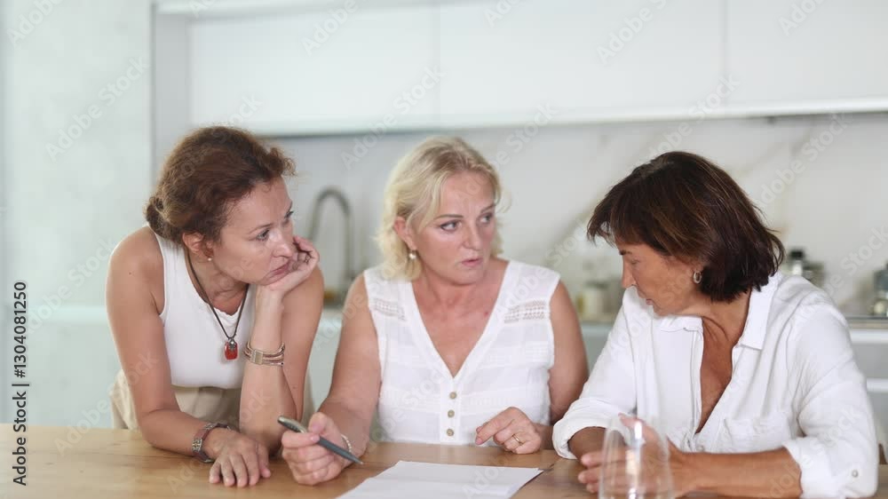 Three friends try to solve financial problems together by discussing documents in the kitchen of their home Three friends try to solve financial problems together by discussing documents in the kitchen of their home