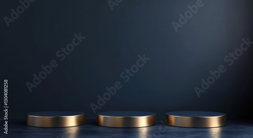 A minimalist scene with a dark blue arch structure in the background. There is a circular platform in the center
